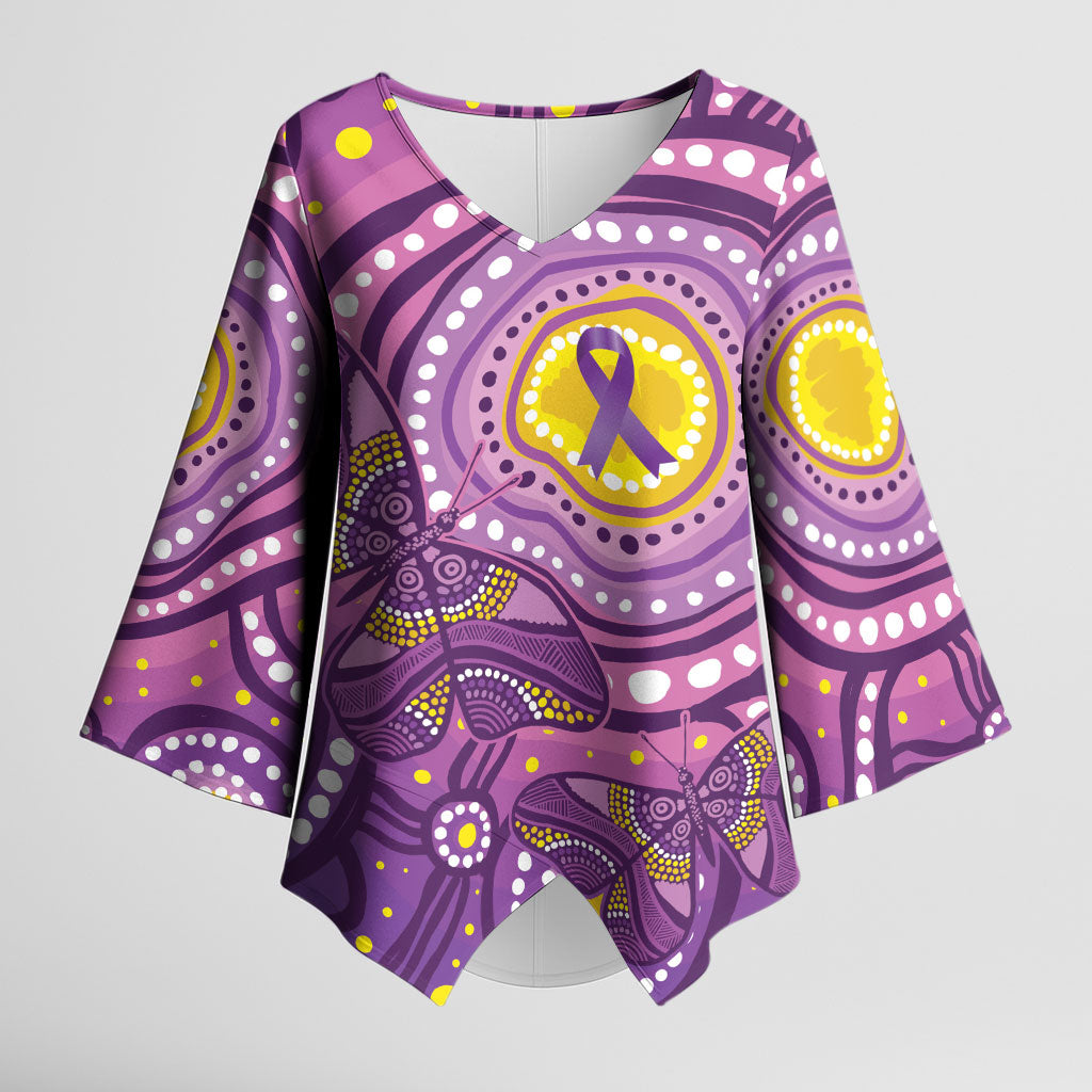 Australia Indigenous World Cancer Day Purple Aboriginal Kimono Sleeve Blouse Butterfly Ribbon