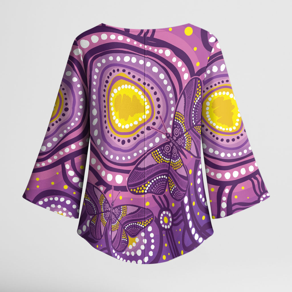 Australia Indigenous World Cancer Day Purple Aboriginal Kimono Sleeve Blouse Butterfly Ribbon