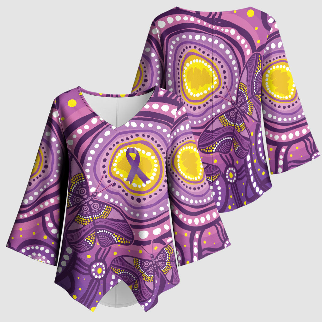 Australia Indigenous World Cancer Day Purple Aboriginal Kimono Sleeve Blouse Butterfly Ribbon