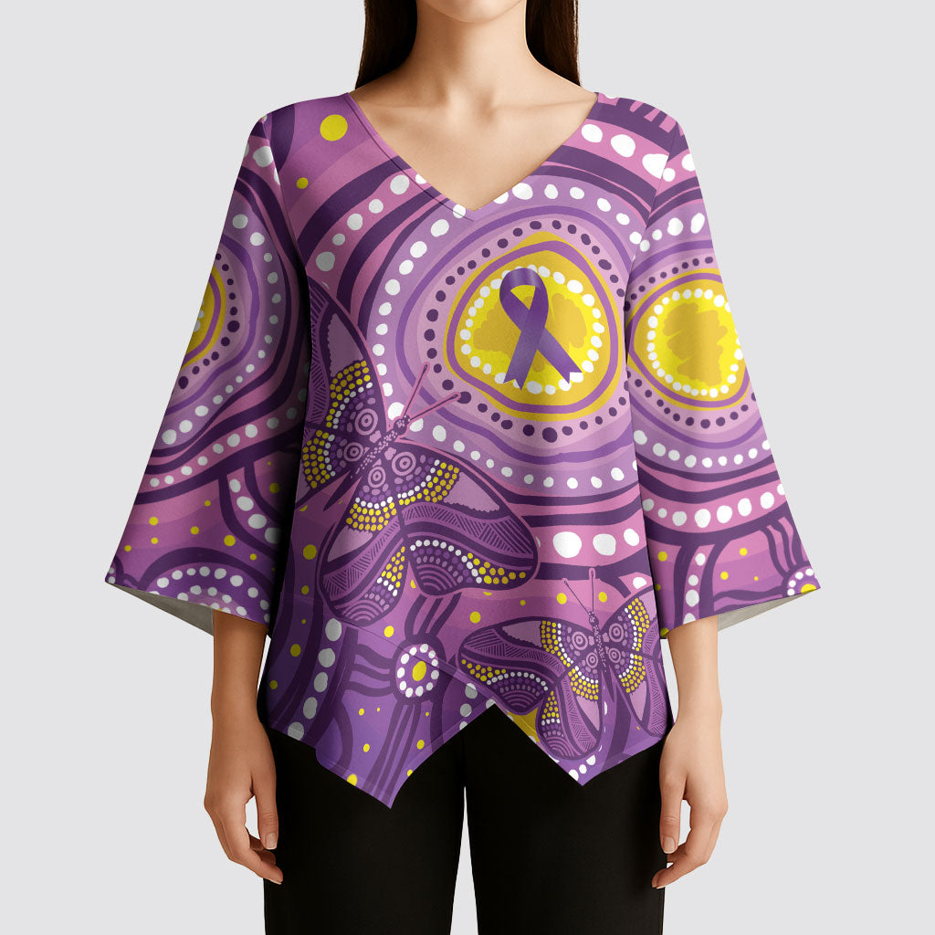 Australia Indigenous World Cancer Day Purple Aboriginal Kimono Sleeve Blouse Butterfly Ribbon