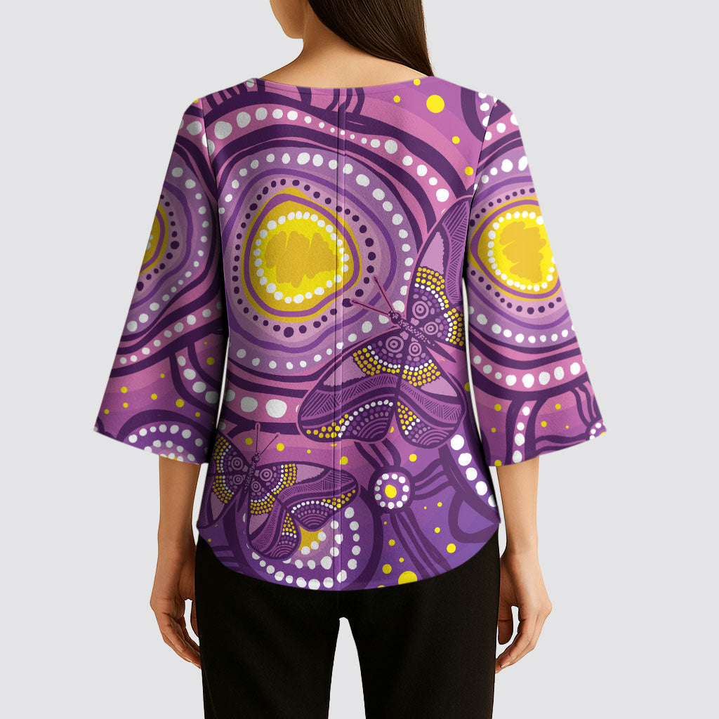 Australia Indigenous World Cancer Day Purple Aboriginal Kimono Sleeve Blouse Butterfly Ribbon