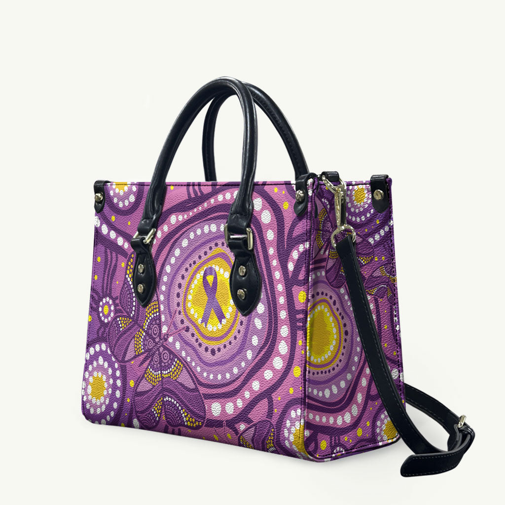 Australia Indigenous World Cancer Day Purple Aboriginal Leather Bag Butterfly Ribbon