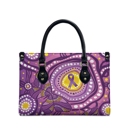 Australia Indigenous World Cancer Day Purple Aboriginal Leather Bag Butterfly Ribbon