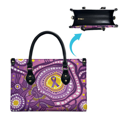 Australia Indigenous World Cancer Day Purple Aboriginal Leather Bag Butterfly Ribbon