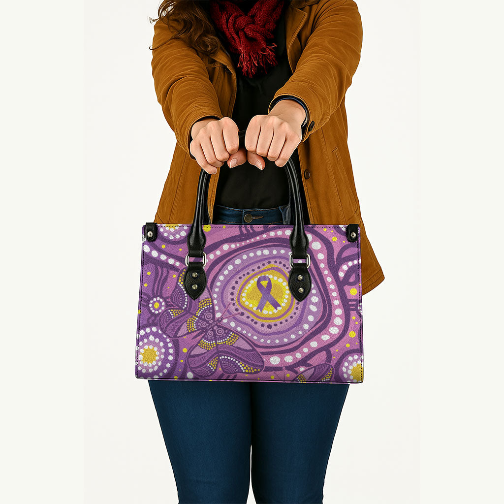 Australia Indigenous World Cancer Day Purple Aboriginal Leather Bag Butterfly Ribbon