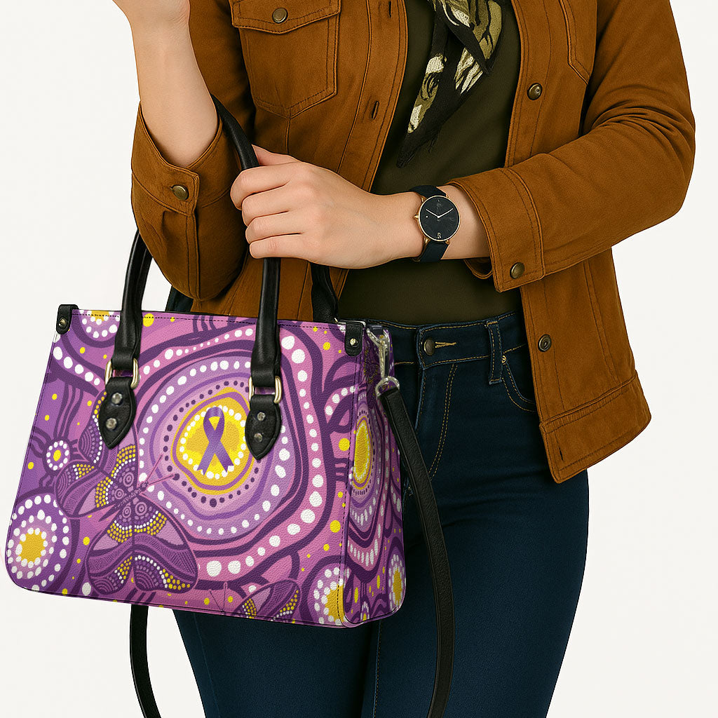 Australia Indigenous World Cancer Day Purple Aboriginal Leather Bag Butterfly Ribbon