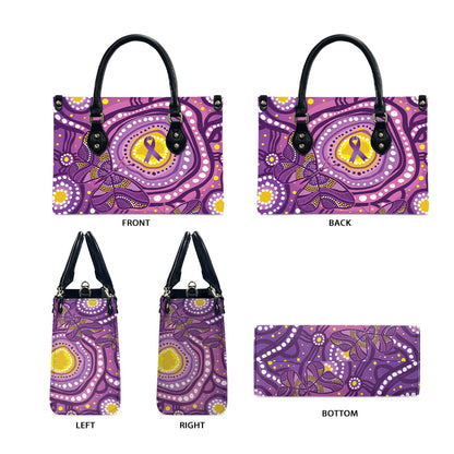 Australia Indigenous World Cancer Day Purple Aboriginal Leather Bag Butterfly Ribbon