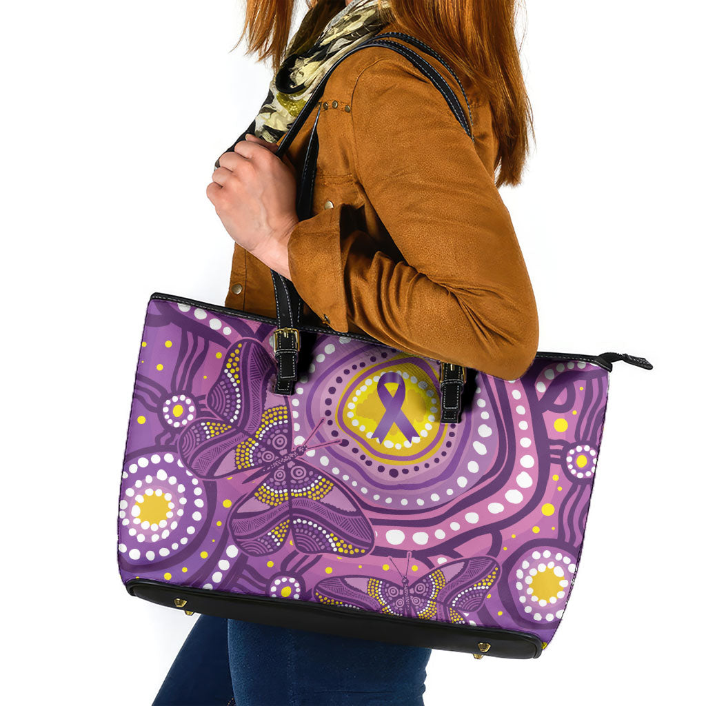 Australia Indigenous World Cancer Day Purple Aboriginal Leather Tote Bag Butterfly Ribbon