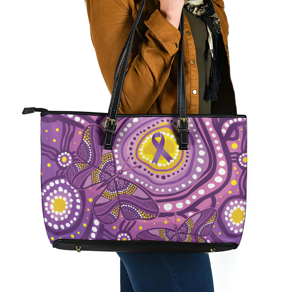 Australia Indigenous World Cancer Day Purple Aboriginal Leather Tote Bag Butterfly Ribbon