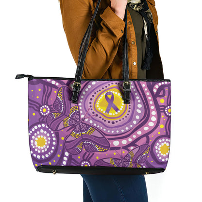 Australia Indigenous World Cancer Day Purple Aboriginal Leather Tote Bag Butterfly Ribbon