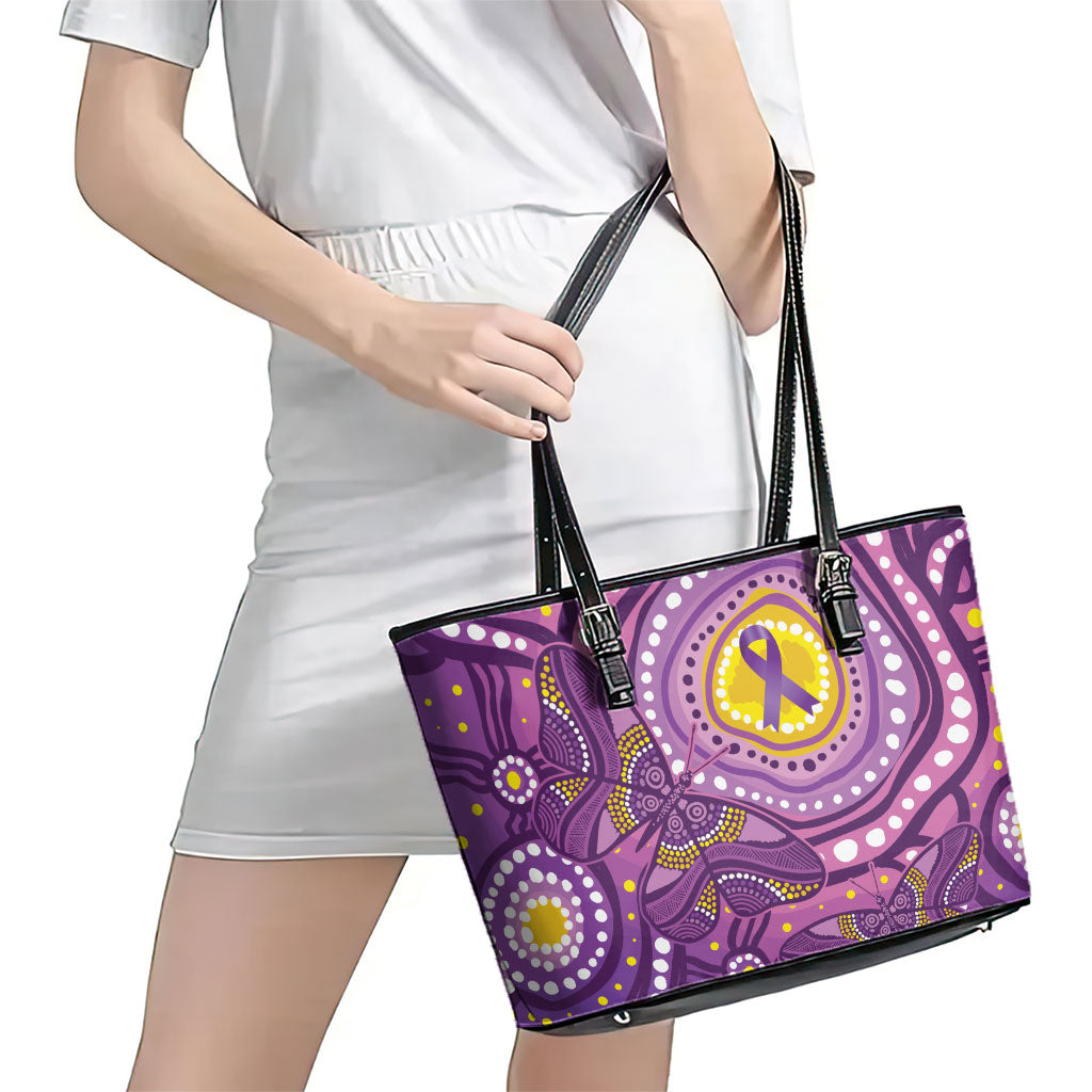 Australia Indigenous World Cancer Day Purple Aboriginal Leather Tote Bag Butterfly Ribbon