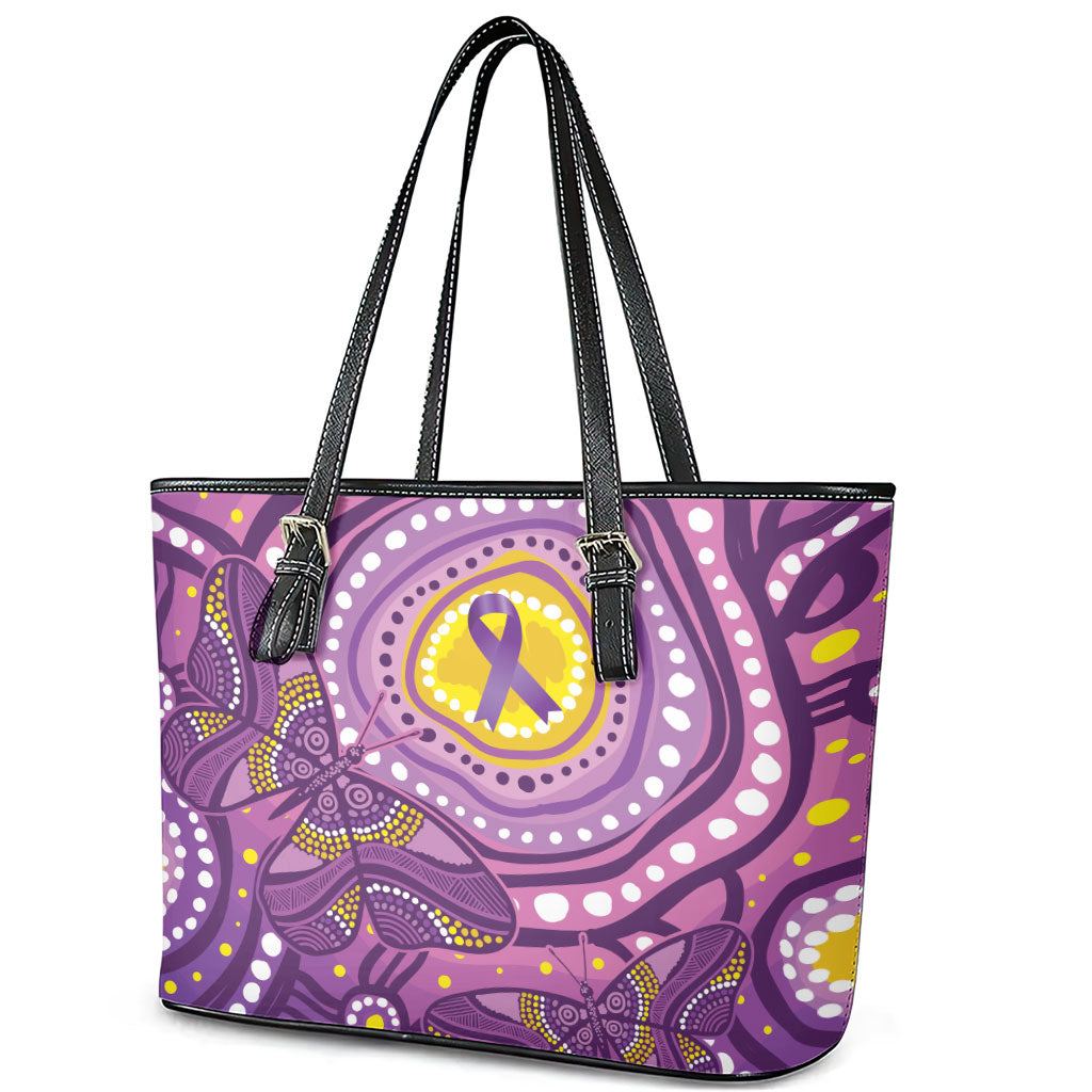 Australia Indigenous World Cancer Day Purple Aboriginal Leather Tote Bag Butterfly Ribbon