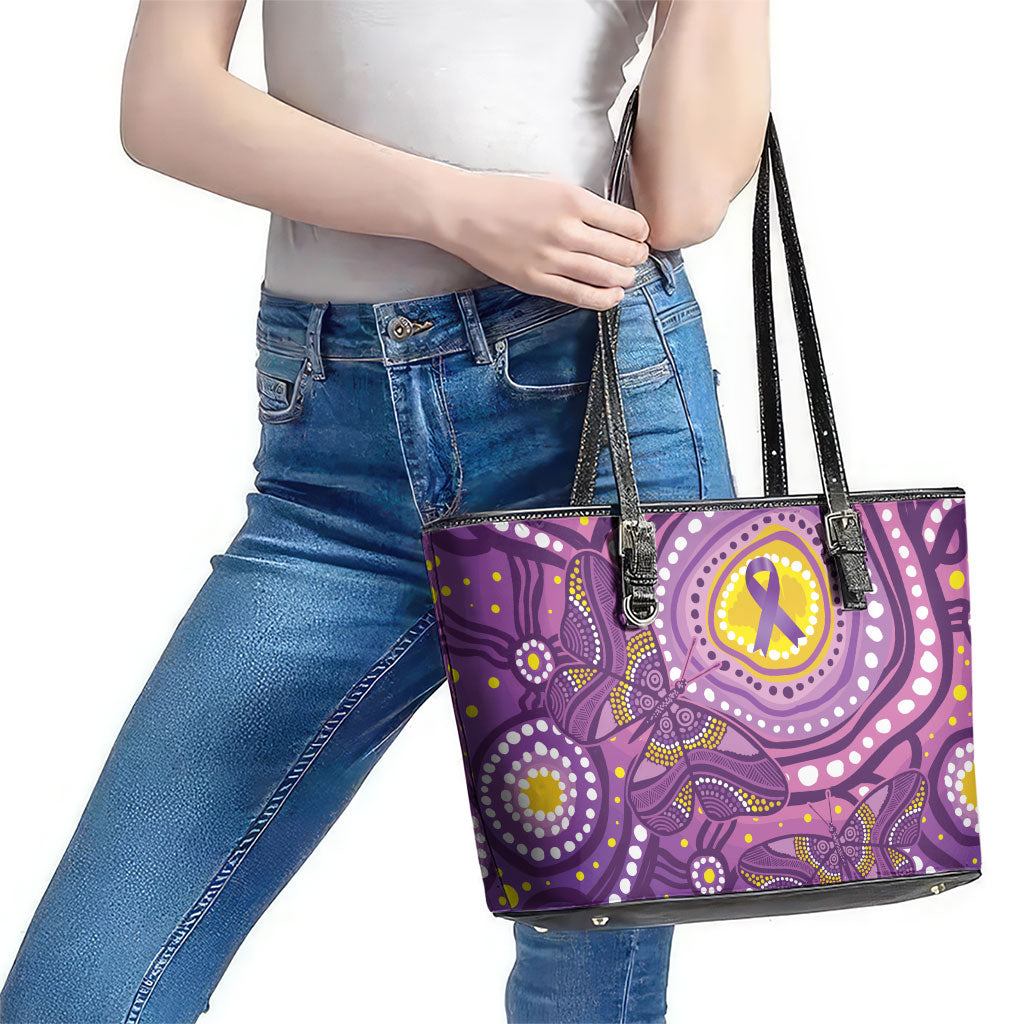 Australia Indigenous World Cancer Day Purple Aboriginal Leather Tote Bag Butterfly Ribbon