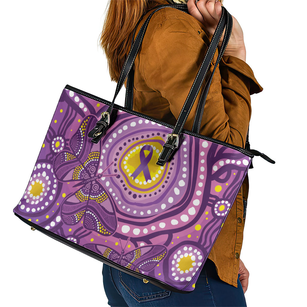 Australia Indigenous World Cancer Day Purple Aboriginal Leather Tote Bag Butterfly Ribbon