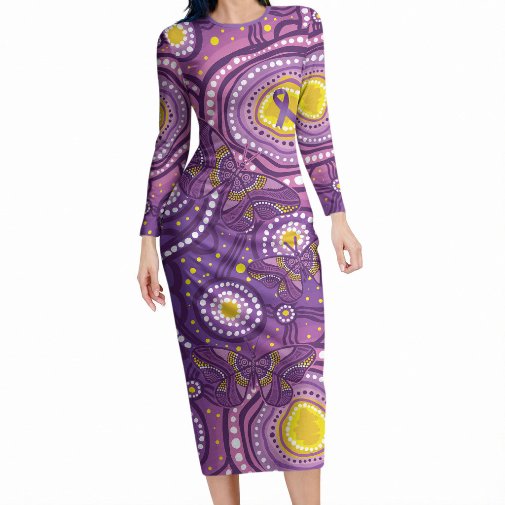 Australia Indigenous World Cancer Day Purple Aboriginal Long Sleeve Bodycon Dress Butterfly Ribbon