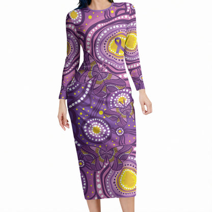 Australia Indigenous World Cancer Day Purple Aboriginal Long Sleeve Bodycon Dress Butterfly Ribbon