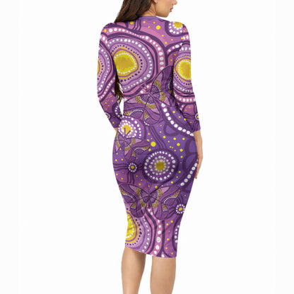 Australia Indigenous World Cancer Day Purple Aboriginal Long Sleeve Bodycon Dress Butterfly Ribbon
