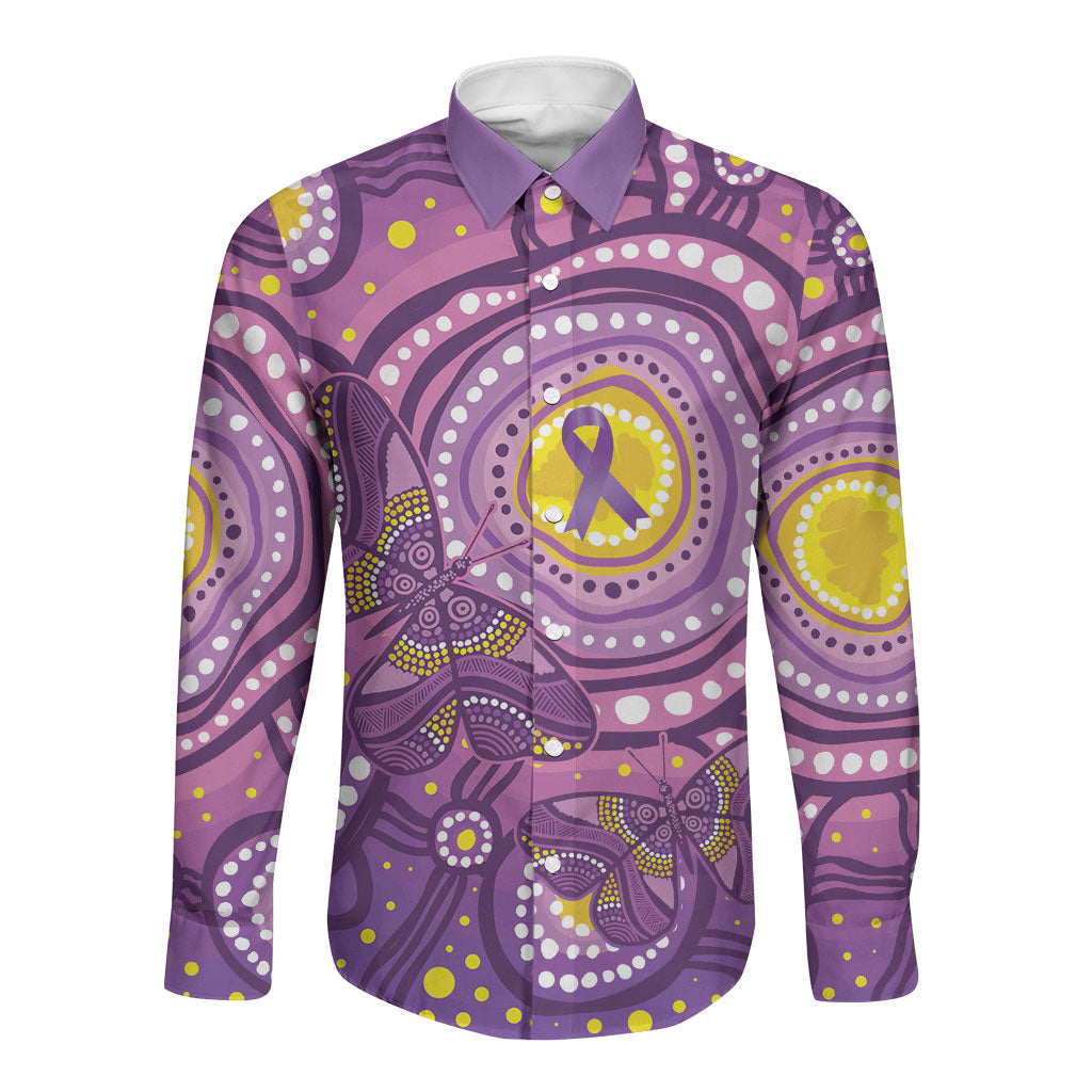 Australia Indigenous World Cancer Day Purple Aboriginal Long Sleeve Button Shirt Butterfly Ribbon
