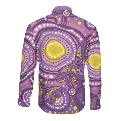 Australia Indigenous World Cancer Day Purple Aboriginal Long Sleeve Button Shirt Butterfly Ribbon