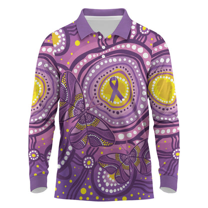 Australia Indigenous World Cancer Day Purple Aboriginal Long Sleeve Polo Shirt Butterfly Ribbon