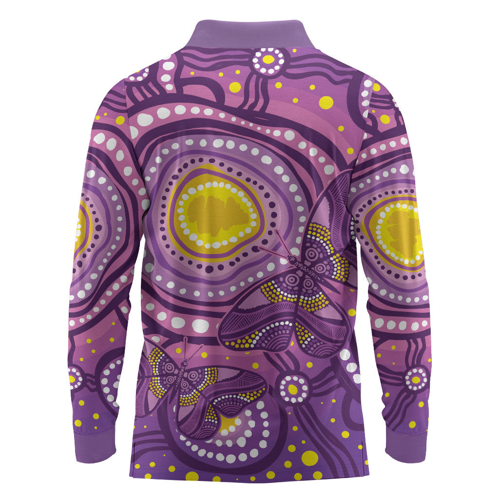 Australia Indigenous World Cancer Day Purple Aboriginal Long Sleeve Polo Shirt Butterfly Ribbon