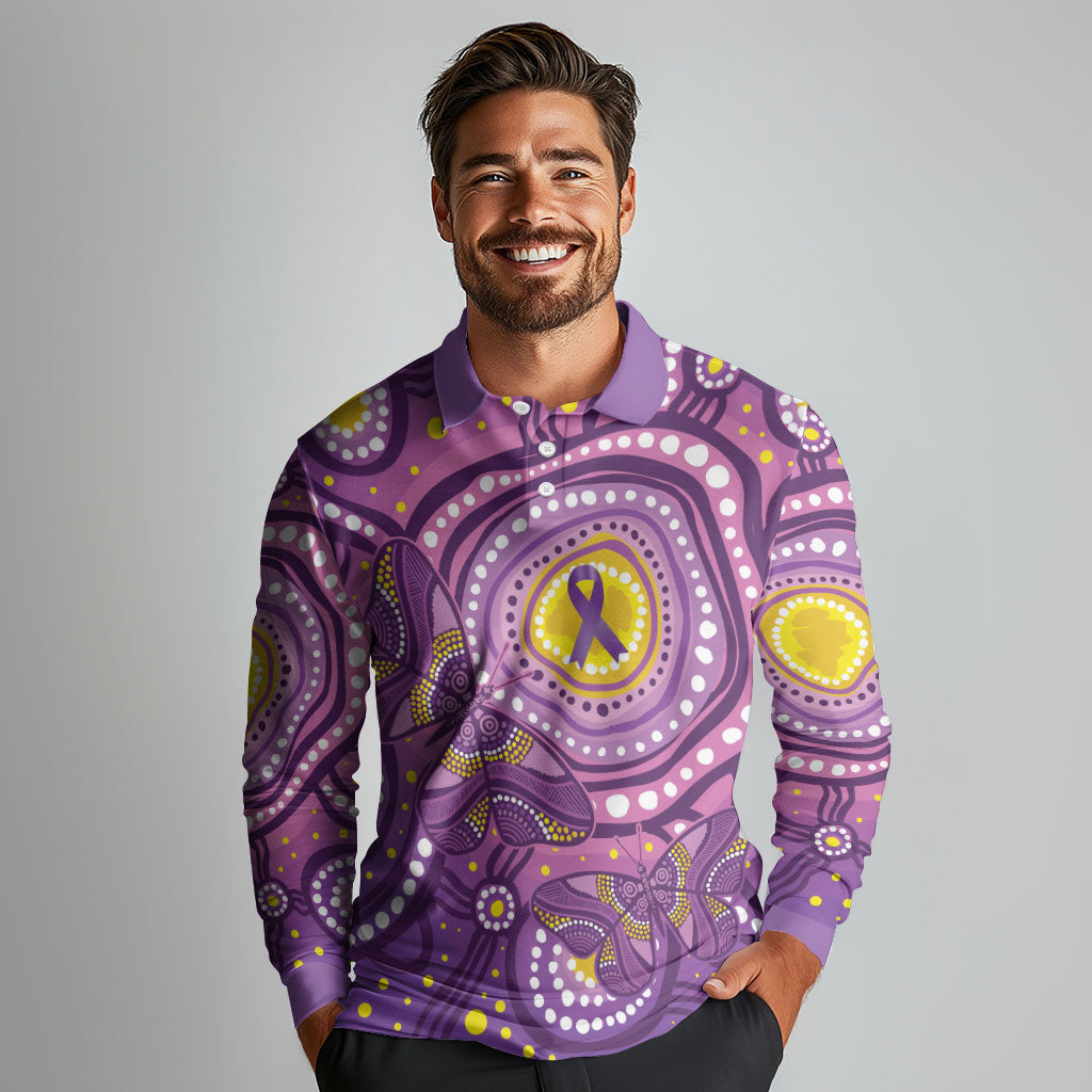 Australia Indigenous World Cancer Day Purple Aboriginal Long Sleeve Polo Shirt Butterfly Ribbon