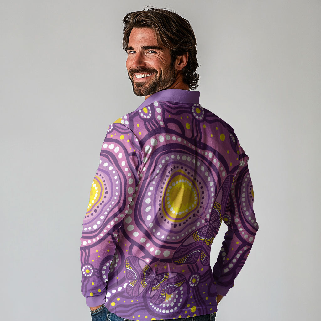 Australia Indigenous World Cancer Day Purple Aboriginal Long Sleeve Polo Shirt Butterfly Ribbon