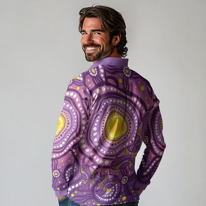 Australia Indigenous World Cancer Day Purple Aboriginal Long Sleeve Polo Shirt Butterfly Ribbon
