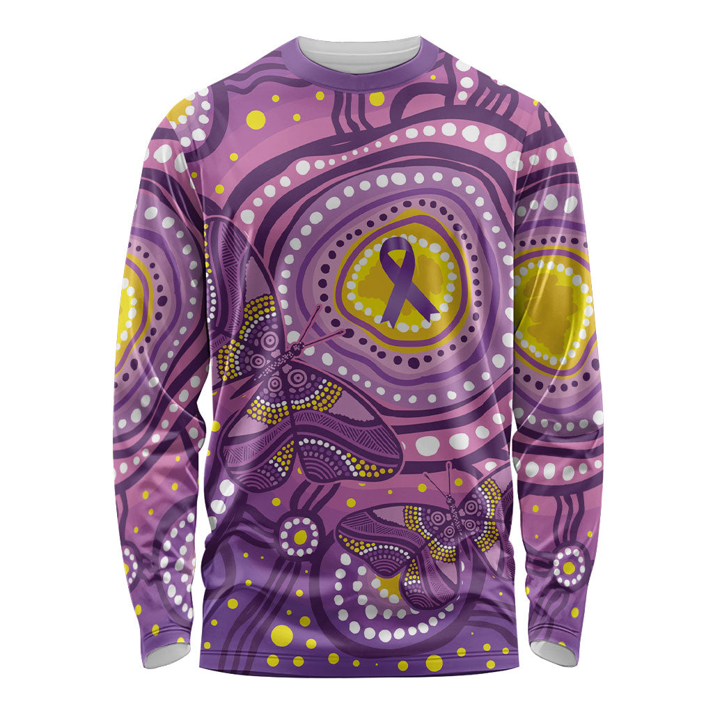 Australia Indigenous World Cancer Day Purple Aboriginal Long Sleeve Shirt Butterfly Ribbon