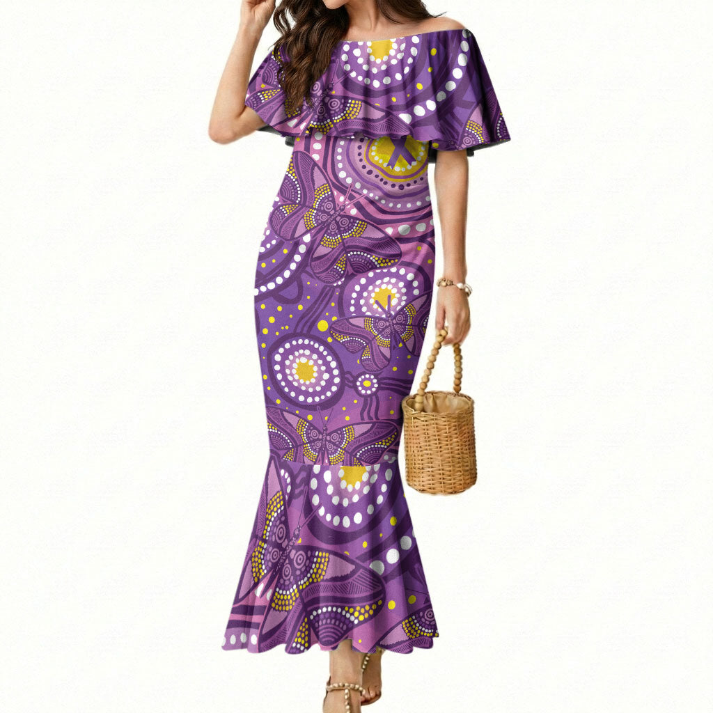 Australia Indigenous World Cancer Day Purple Aboriginal Mermaid Dress Butterfly Ribbon