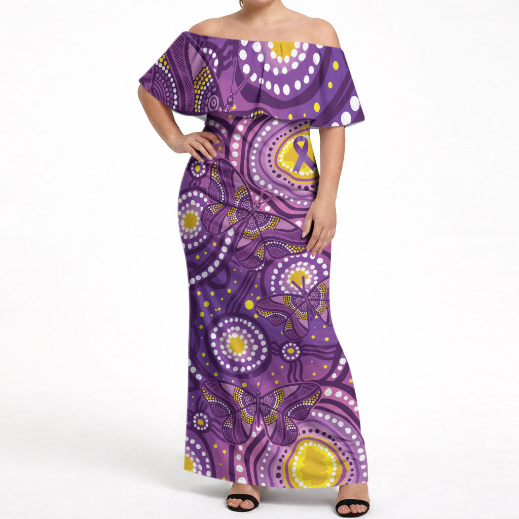 Australia Indigenous World Cancer Day Purple Aboriginal Off Shoulder Maxi Dress Butterfly Ribbon