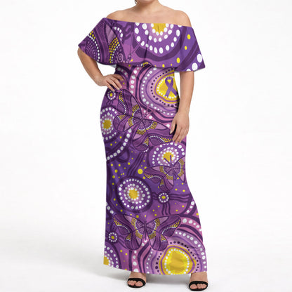 Australia Indigenous World Cancer Day Purple Aboriginal Off Shoulder Maxi Dress Butterfly Ribbon