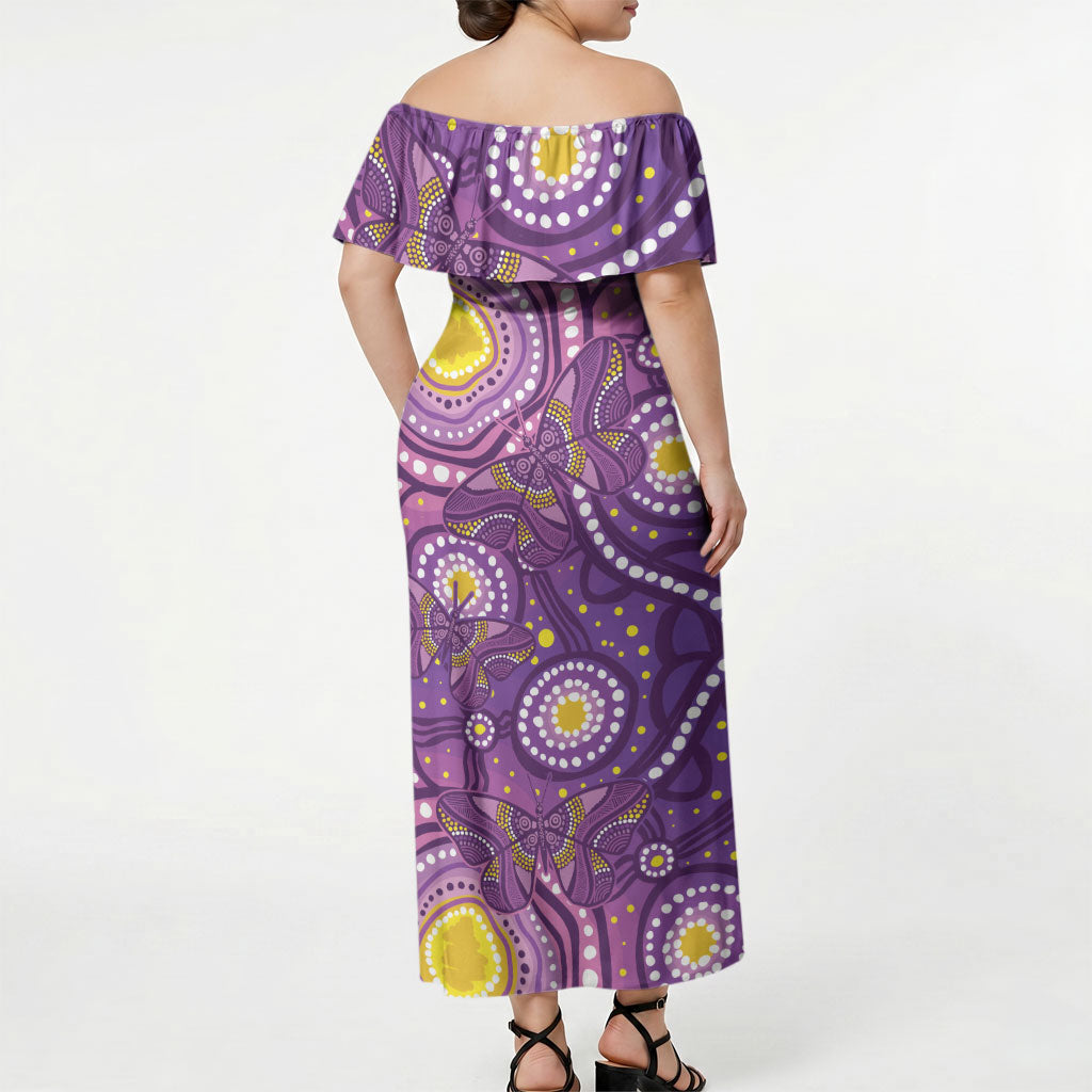 Australia Indigenous World Cancer Day Purple Aboriginal Off Shoulder Maxi Dress Butterfly Ribbon