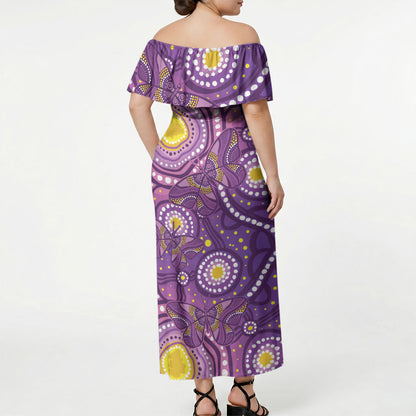 Australia Indigenous World Cancer Day Purple Aboriginal Off Shoulder Maxi Dress Butterfly Ribbon