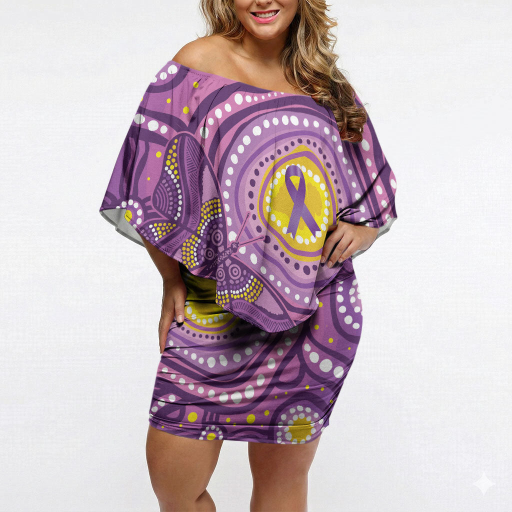 Australia Indigenous World Cancer Day Purple Aboriginal Off Shoulder Short Dress Butterfly Ribbon