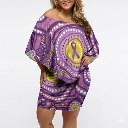 Australia Indigenous World Cancer Day Purple Aboriginal Off Shoulder Short Dress Butterfly Ribbon