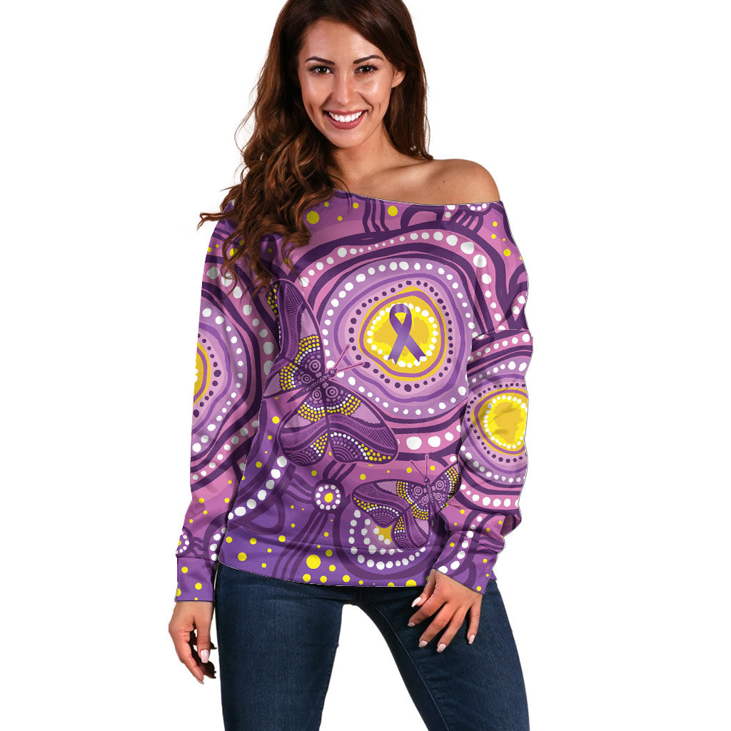 Australia Indigenous World Cancer Day Purple Aboriginal Off Shoulder Sweater Butterfly Ribbon