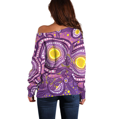 Australia Indigenous World Cancer Day Purple Aboriginal Off Shoulder Sweater Butterfly Ribbon