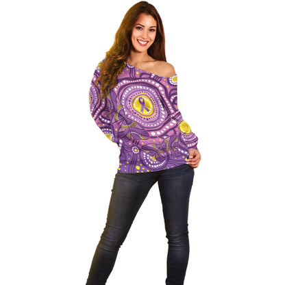 Australia Indigenous World Cancer Day Purple Aboriginal Off Shoulder Sweater Butterfly Ribbon
