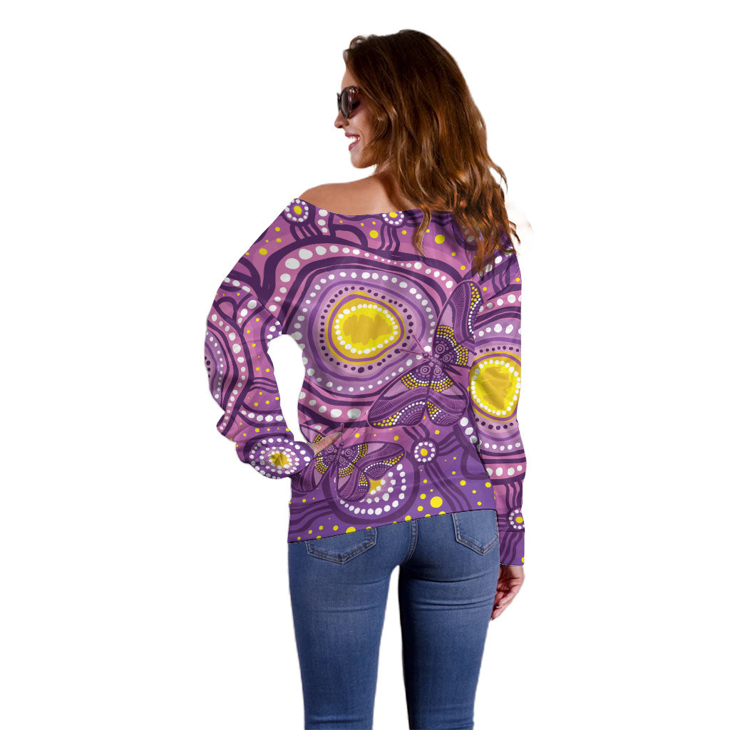 Australia Indigenous World Cancer Day Purple Aboriginal Off Shoulder Sweater Butterfly Ribbon