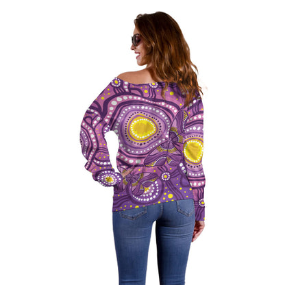 Australia Indigenous World Cancer Day Purple Aboriginal Off Shoulder Sweater Butterfly Ribbon