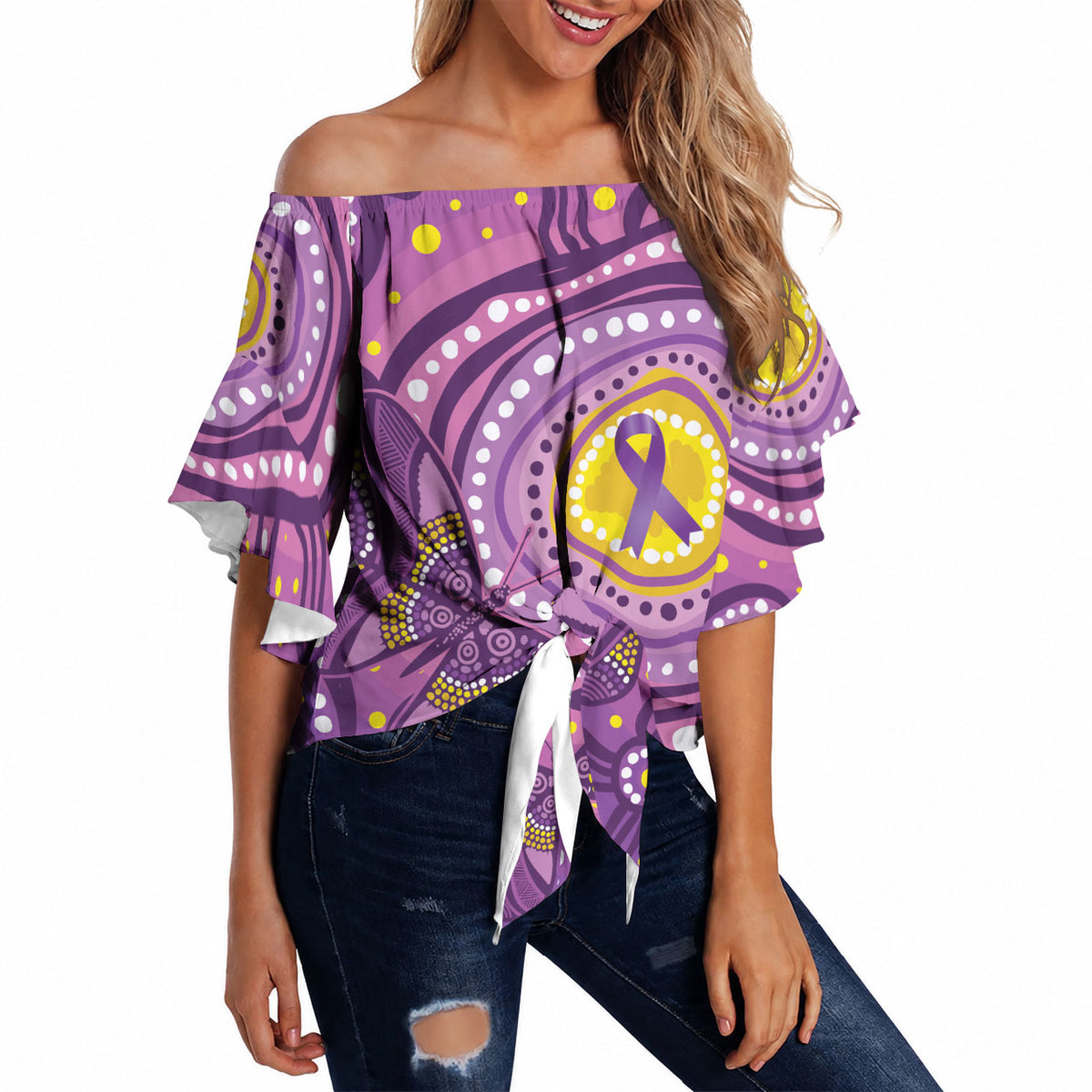 Australia Indigenous World Cancer Day Purple Aboriginal Off Shoulder Wrap Waist Top Butterfly Ribbon