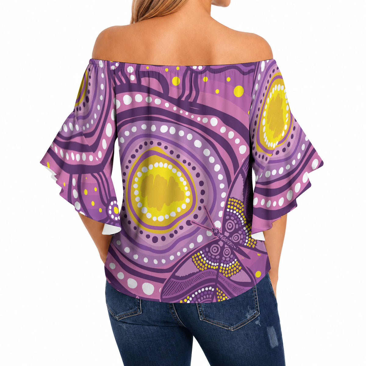 Australia Indigenous World Cancer Day Purple Aboriginal Off Shoulder Wrap Waist Top Butterfly Ribbon