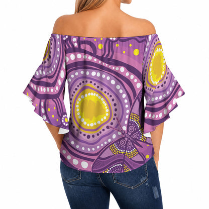 Australia Indigenous World Cancer Day Purple Aboriginal Off Shoulder Wrap Waist Top Butterfly Ribbon