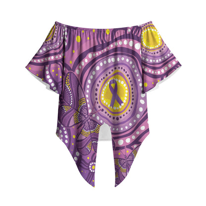 Australia Indigenous World Cancer Day Purple Aboriginal Off Shoulder Wrap Waist Top Butterfly Ribbon