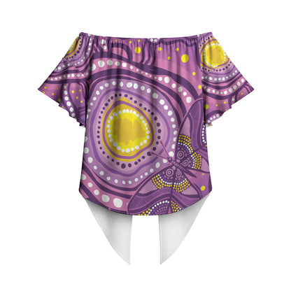 Australia Indigenous World Cancer Day Purple Aboriginal Off Shoulder Wrap Waist Top Butterfly Ribbon