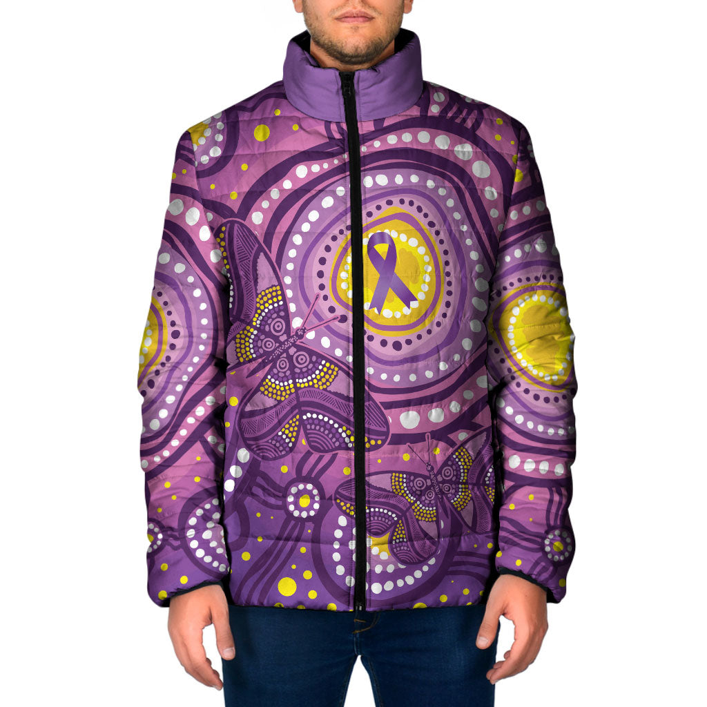 Australia Indigenous World Cancer Day Purple Aboriginal Padded Jacket Butterfly Ribbon