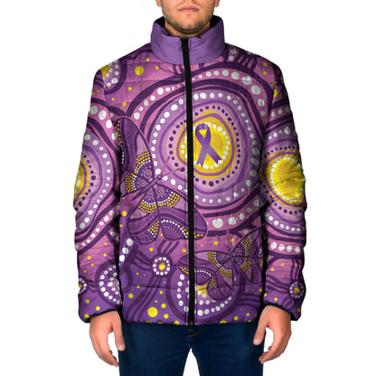 Australia Indigenous World Cancer Day Purple Aboriginal Padded Jacket Butterfly Ribbon