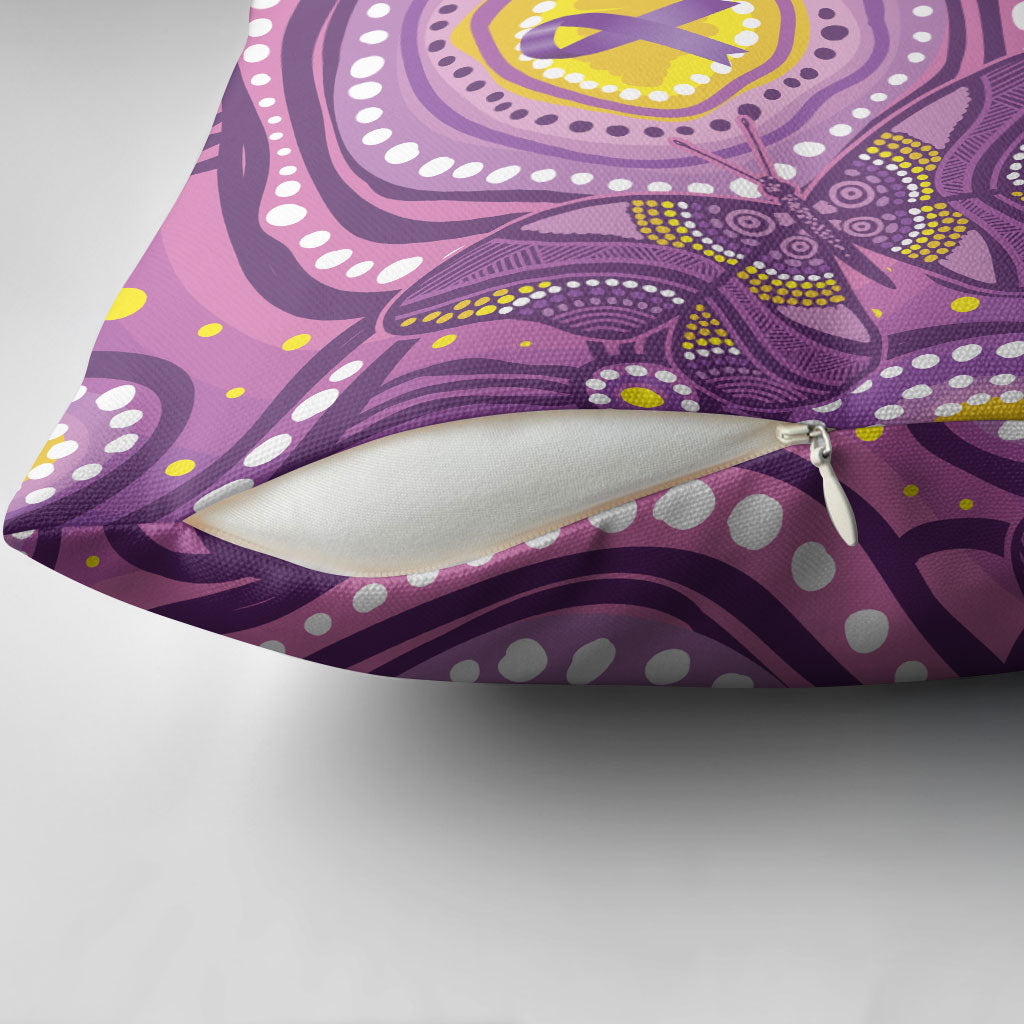 Australia Indigenous World Cancer Day Purple Aboriginal Pillow Cover Butterfly Ribbon