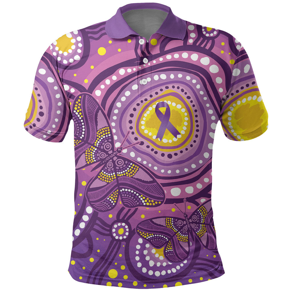 Australia Indigenous World Cancer Day Purple Aboriginal Polo Shirt Butterfly Ribbon